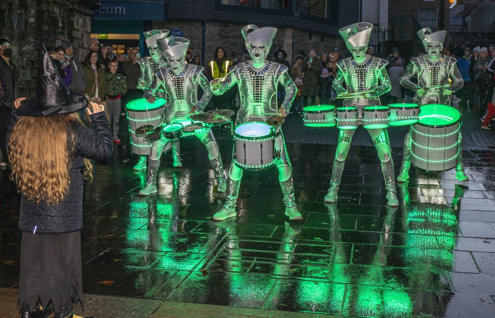Drummers on the final night of the three-day Halloween festival in Londonderry, which returned this year after being cancelled in 2020 due to the coronavirus pandemic (Joe Boland/PA)