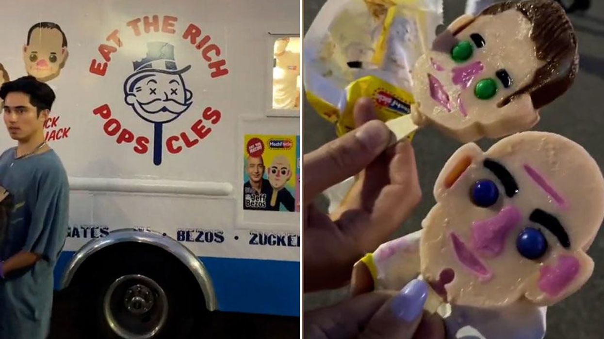 'Eat the Rich' ice cream van sells edible versions of Jeff Bezos and Bill Gates