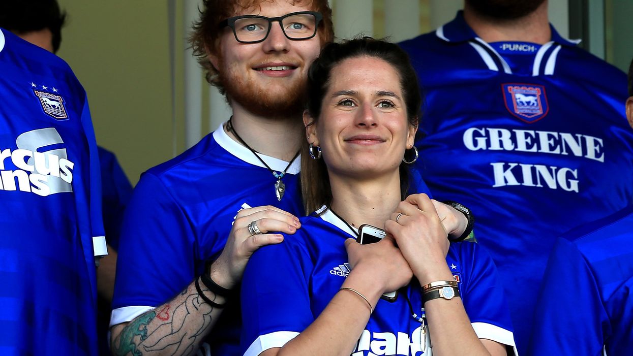 <p>Ed Sheeran at an Ipswich Town football match at Portman Road back in 2018 with wife, Cherry Seaborn.</p>
