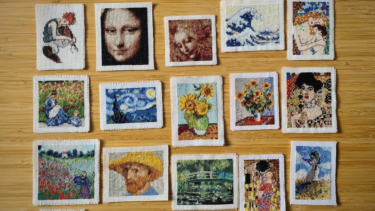 Elcin Ozcan’s mini cross-stitch artworks (Elcin Ozcan/PA)