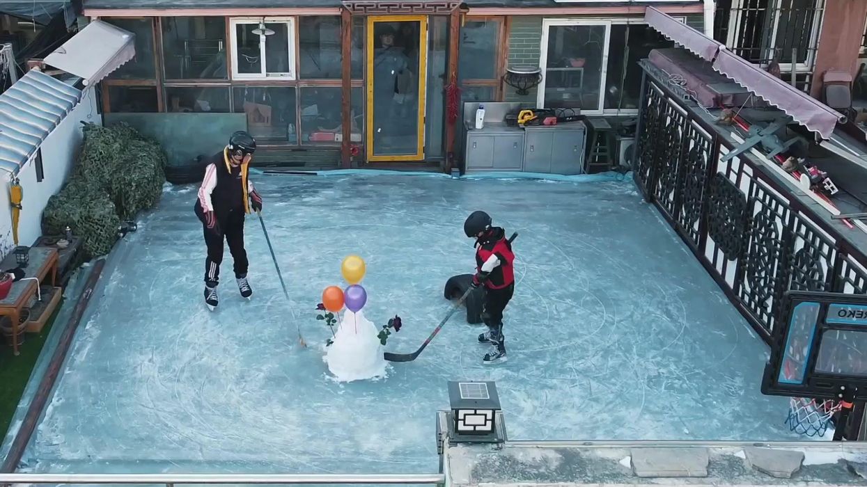 Elderly Chinese man builds homemade ice rink to revive with ice hockey passion