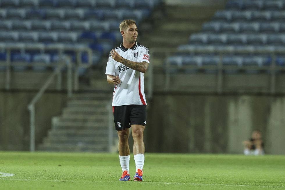 Emile Smith Rowe of Fulham FC celebrates scoring Fulham FC goal during the pre-season friendly match between Sevilla and Fulham FC at Estadio Algarve on August 5, 2024 in Faro, Portugal