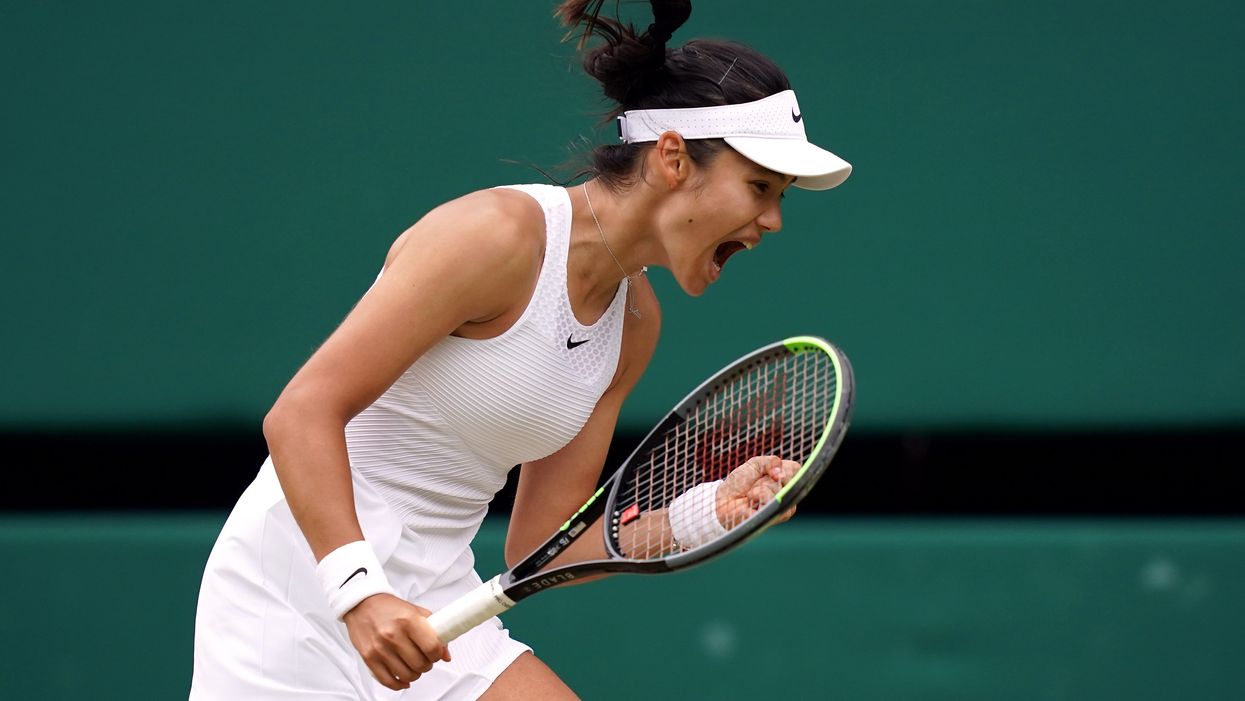 <p>Emma Raducanu celebrates a point</p>