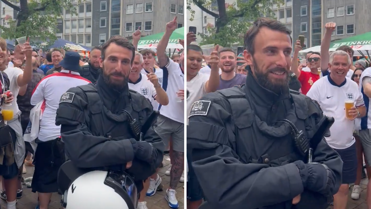 England fans serenade a German lookalike police officer of Gareth Southgate