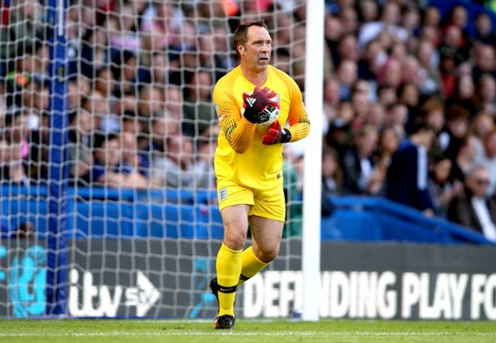 England\u2019s Goalkeeper David Seaman in action during the Soccer Aid match at Stamford Bridge, London
