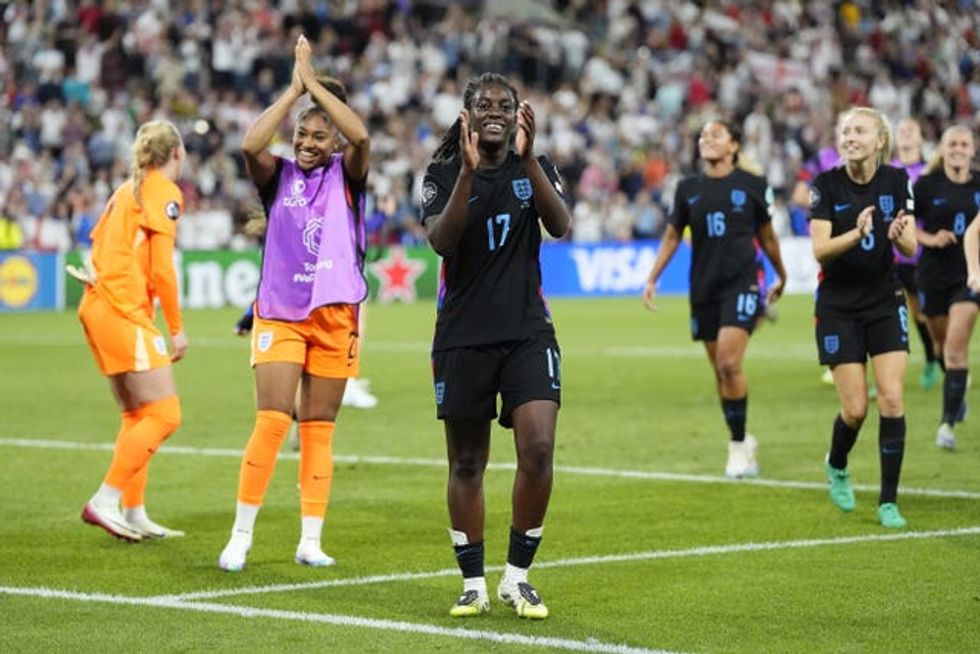 England\u2019s Michelle Agyemang (centre) and team-mates celebrate after the Uefa Women\u2019s Euro 2025 semi-final match at the Stade de Geneve, Switzerland
