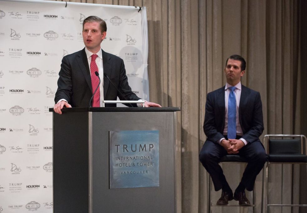 Eric Trump and Don Trump Jr., Executive Vice Presidents of Development and Acquisition and Development for the Trump Organization, attend the Trump International Hotel And Tower Vancouver Grand Opening on February 28, 2017 in Vancouver, Canada. Picture: