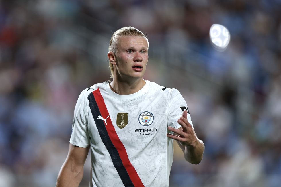 Erling Haaland #9 of Manchester City reacts during the FIFA Club World Cup 2025 round of 16 match between Manchester City and Al-Hilal at Camping World Stadium on June 30, 2025 in Orlando, Florida