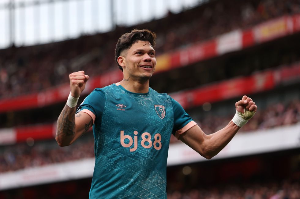 Evanilson of AFC Bournemouth celebrates scoring his team's second goal during the Premier League match between Arsenal FC and AFC Bournemouth at Emirates Stadium on May 03, 2025 in London, England