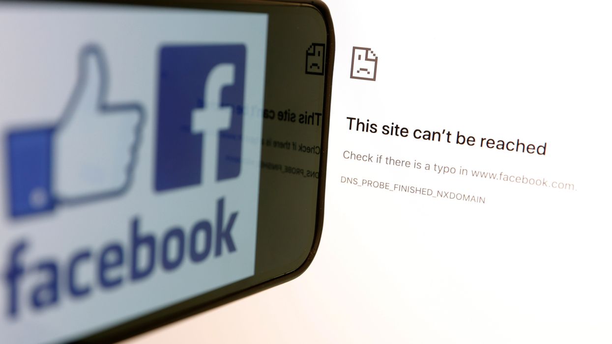 <p>Facebook logo is displayed next to a screen showing that Facbook service is down on October 04, 2021 in San Anselmo, California</p>