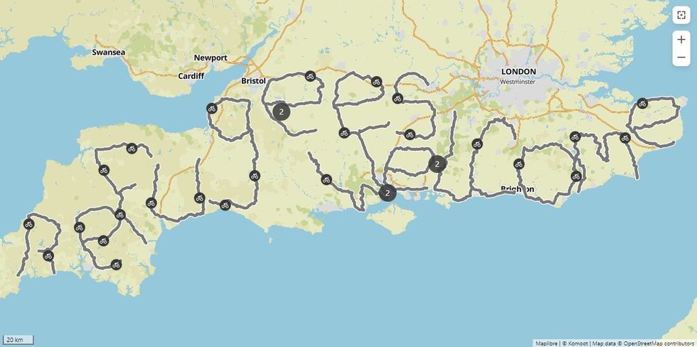 Final map showing Refugees Welcome route cycled (Scott Johnston/Thighs of Steel/PA).