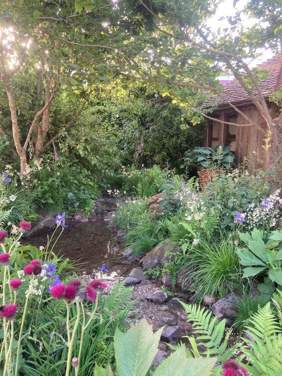 Flowers planted between rocks bloom around a pond shaded by trees