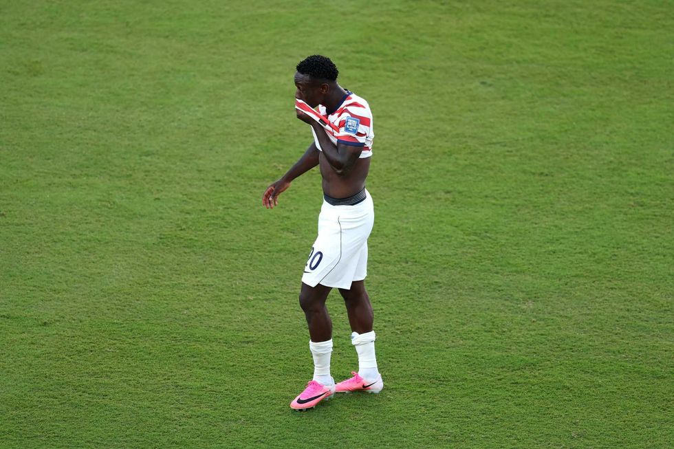 Folarin Balogun #20 of the United States reacts to receiving a red card for a foul on Tarik Muharemovic #4 of Bosnia and Herzegovina during the FIFA World Cup 2026 Round of 32 match between USA and Bosnia and Herzegovina at San Francisco Bay Area Stadium on July 01, 2026 in Santa Clara, California