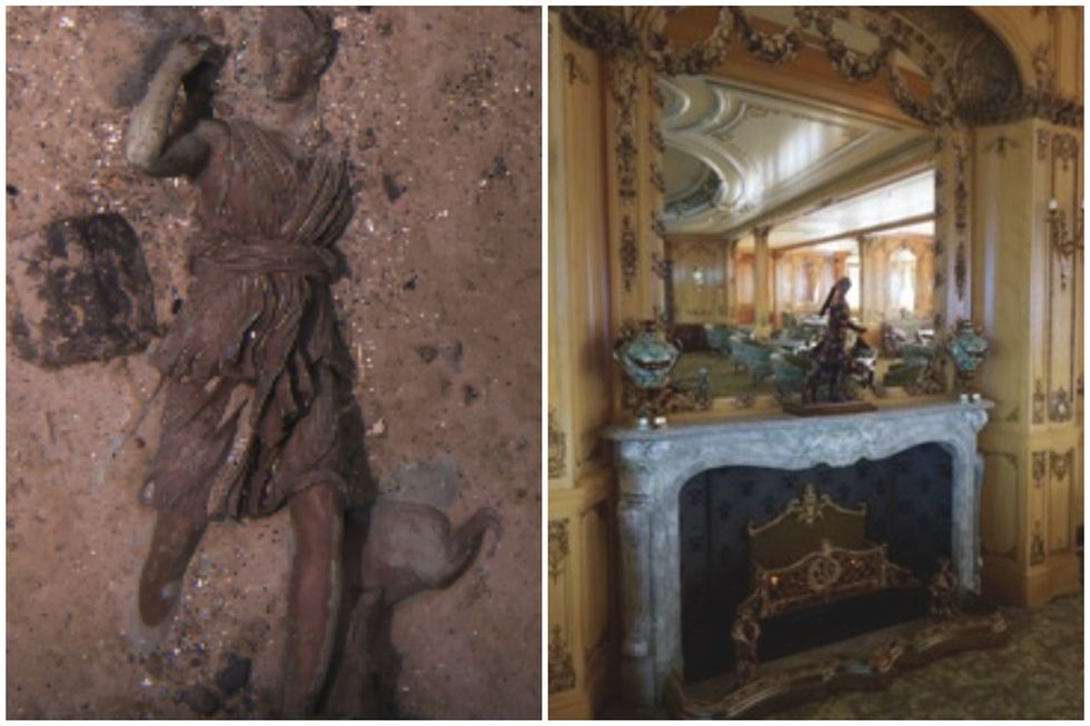 Fom left: the 'Diana of Versailles' statue lying in the Titanic's debris field; a virtual recreation of the Titanic's first class lounge, featuring the Diana statue