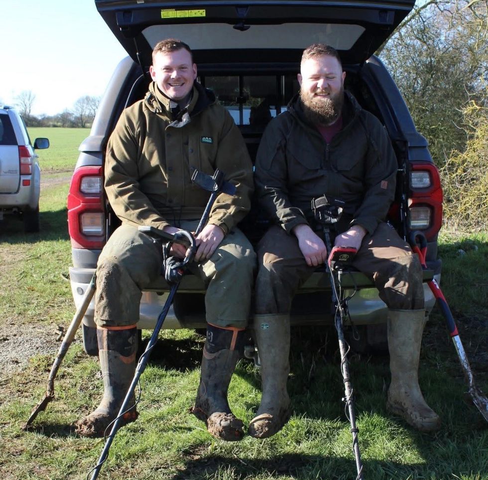 Friends Aaron Pizzey (left), 30, and 39-year-old James Race made their discovery in a ploughed field near Stoke Ash, Suffolk. (Aaron Pizzey/ PA)