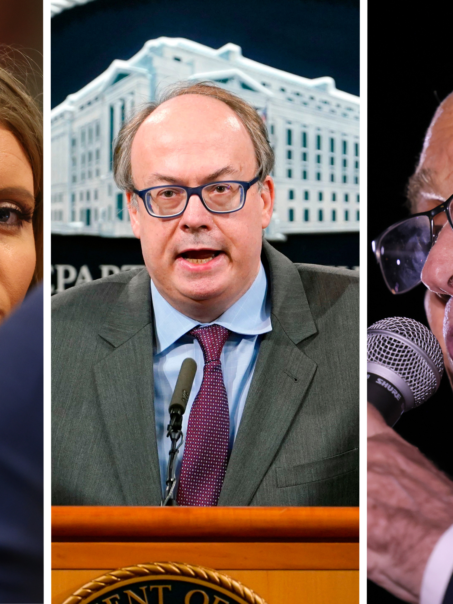 From left: a white woman with long blonde hair and a neutral facial expression; a white man with glasses, a large forehead and short grey hair, wearing a grey suit and standing behind a lectern; a white man with glasses, short brown hair and a black suit speaking into a microphone.