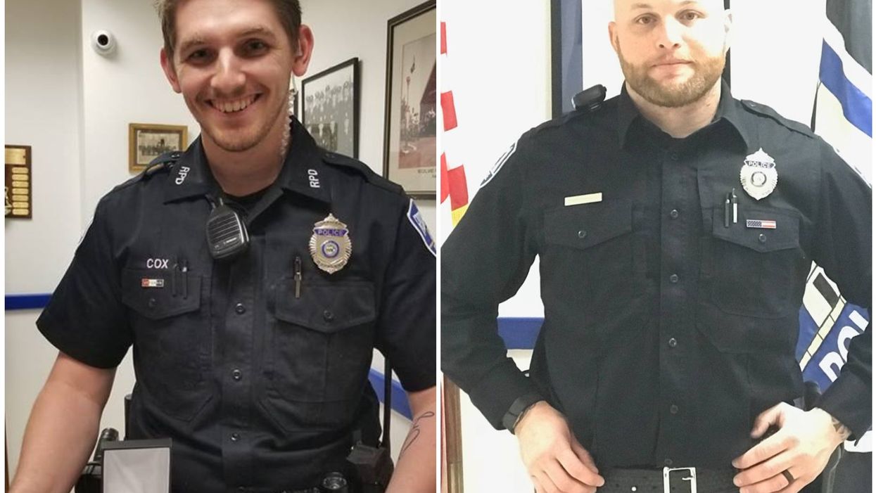 <p>From left: Addison Cox, 28, and Mike Rolerson, 31, both of whom were fired from Rockland Maine Police Department after news of their animal cruelty emerged</p>