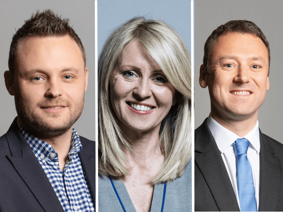 From left, Ben Bradley, a white man with short, spiky black hair; Esther McVey, a white woman with long blonde hair; Brendan Clarke-Smith, a white man with short black hair.