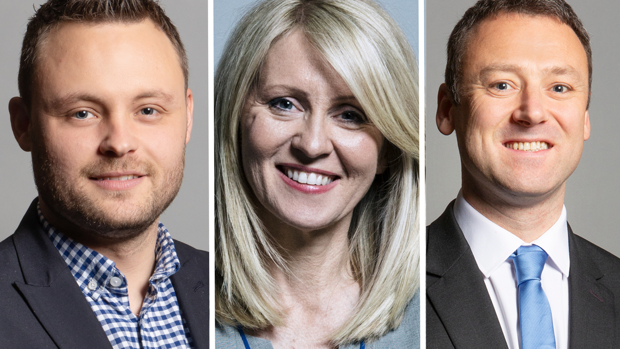 From left, Ben Bradley, a white man with short, spiky black hair; Esther McVey, a white woman with long blonde hair; Brendan Clarke-Smith, a white man with short black hair.