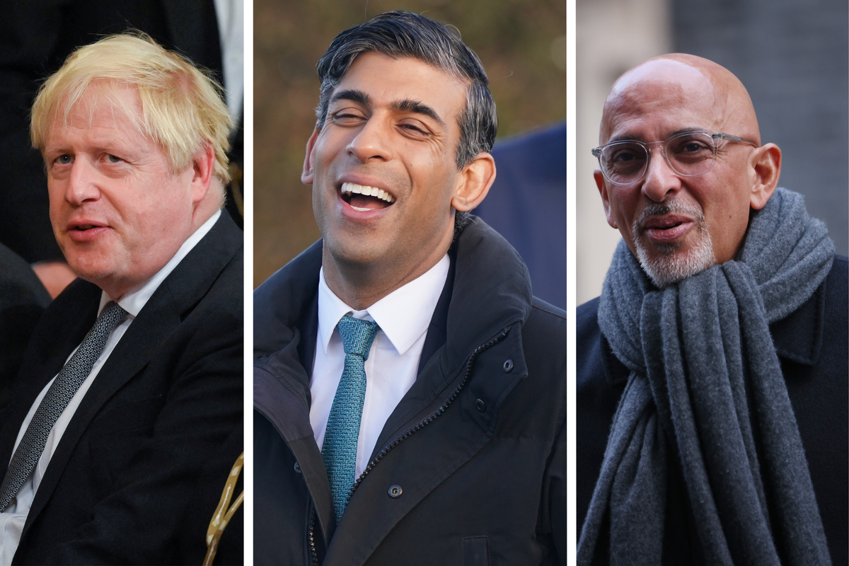 From left: Boris Johnson, a white man with scruffy blonde hair and a black suit; Rishi Sunak, a brown man with short black hair and a black coat, laughing; Nadhim Zahawi, a bald brown man with glasses, a white beard and a grey scarf.