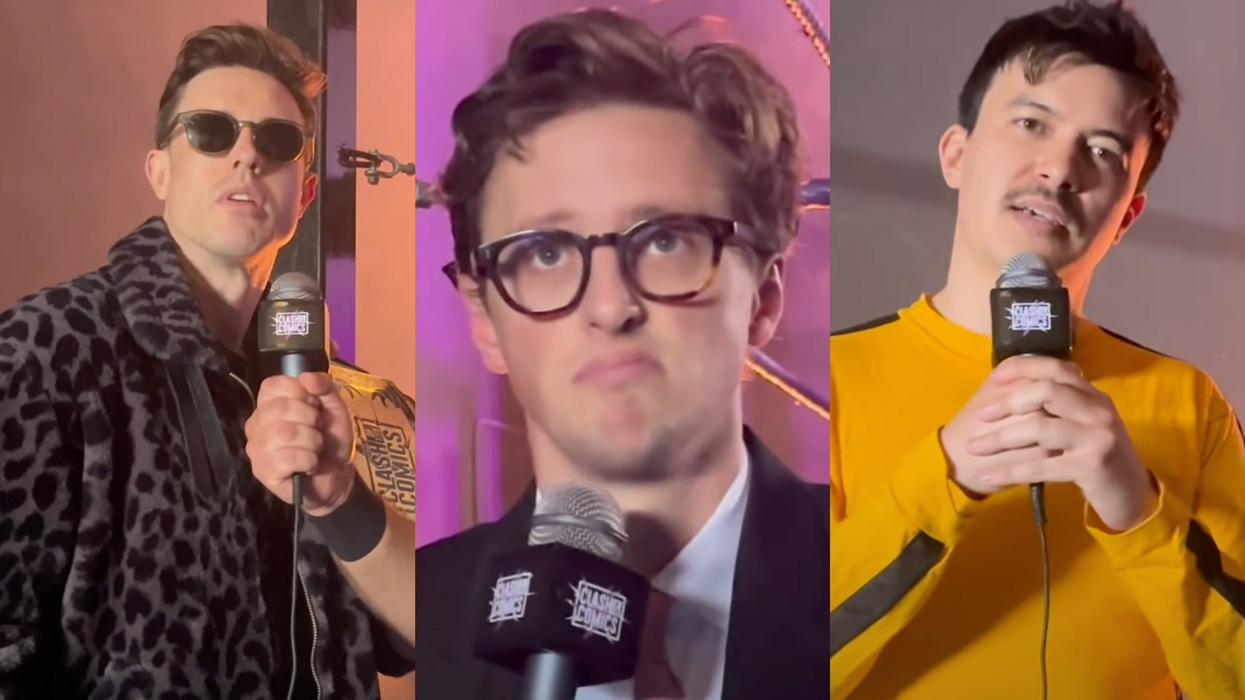 From left: Ed Gamble in sunglasses and a grey leopard print jacket; Max Fosh in glasses and a suit, with a bemused facial expression; Phil Wang, in a yellow and black jumpsuit from Kill Bill.