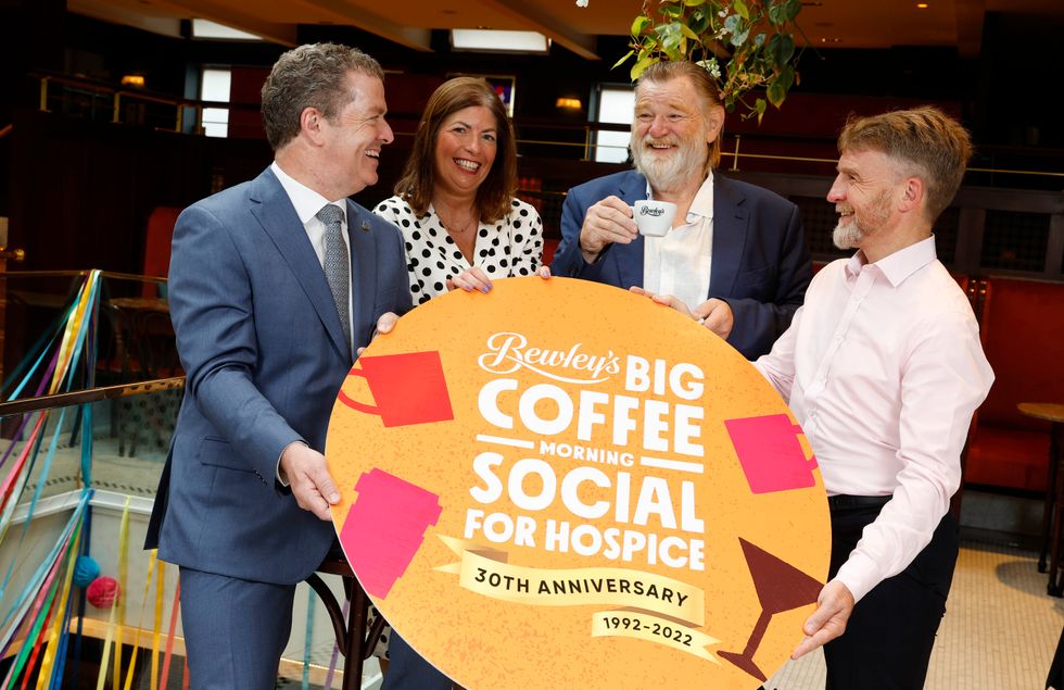 From left, Fintan Fagan, CEO at St Francis Hospice, Audrey Houlihan, chairwoman of Together For Hospice and CEO at Our Lady\u2019s Hospice & Care Services, actor Brendan Gleeson and Col Campbell of Bewley\u2019s pictured at the launch of Bewley\u2019s Big Coffee Morning Social for Hospice (Conor McCabe Photography/PA)