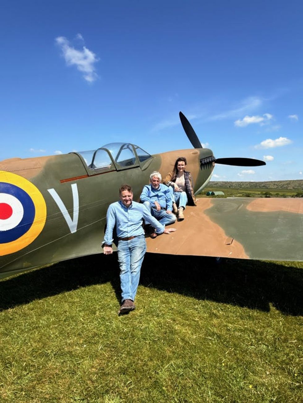 (from left) Jeremy Meeson, David Spencer Evans and Bridget Donaldson in front of an Aerolite Spitfire Type 433