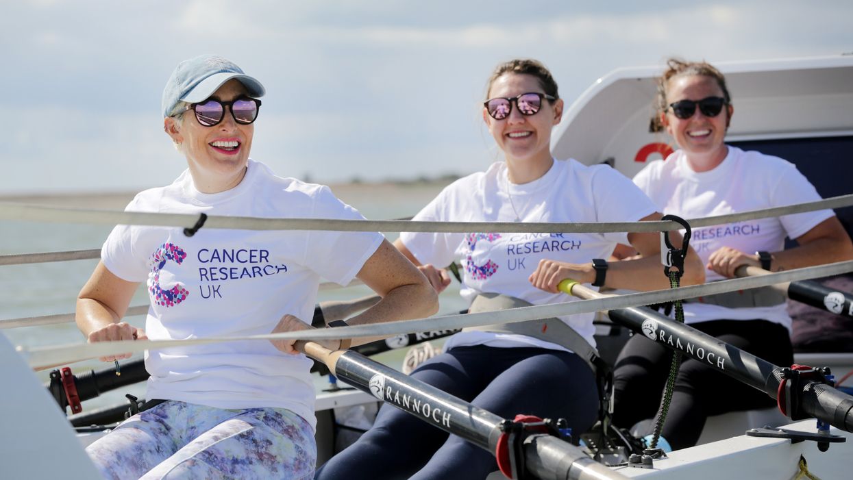 From left, Kat Cordiner, Charlotte Irving and Abby Johnston preparing to take part in the the Talisker Whisky Atlantic Challenge (Cancer Research UK/PA)