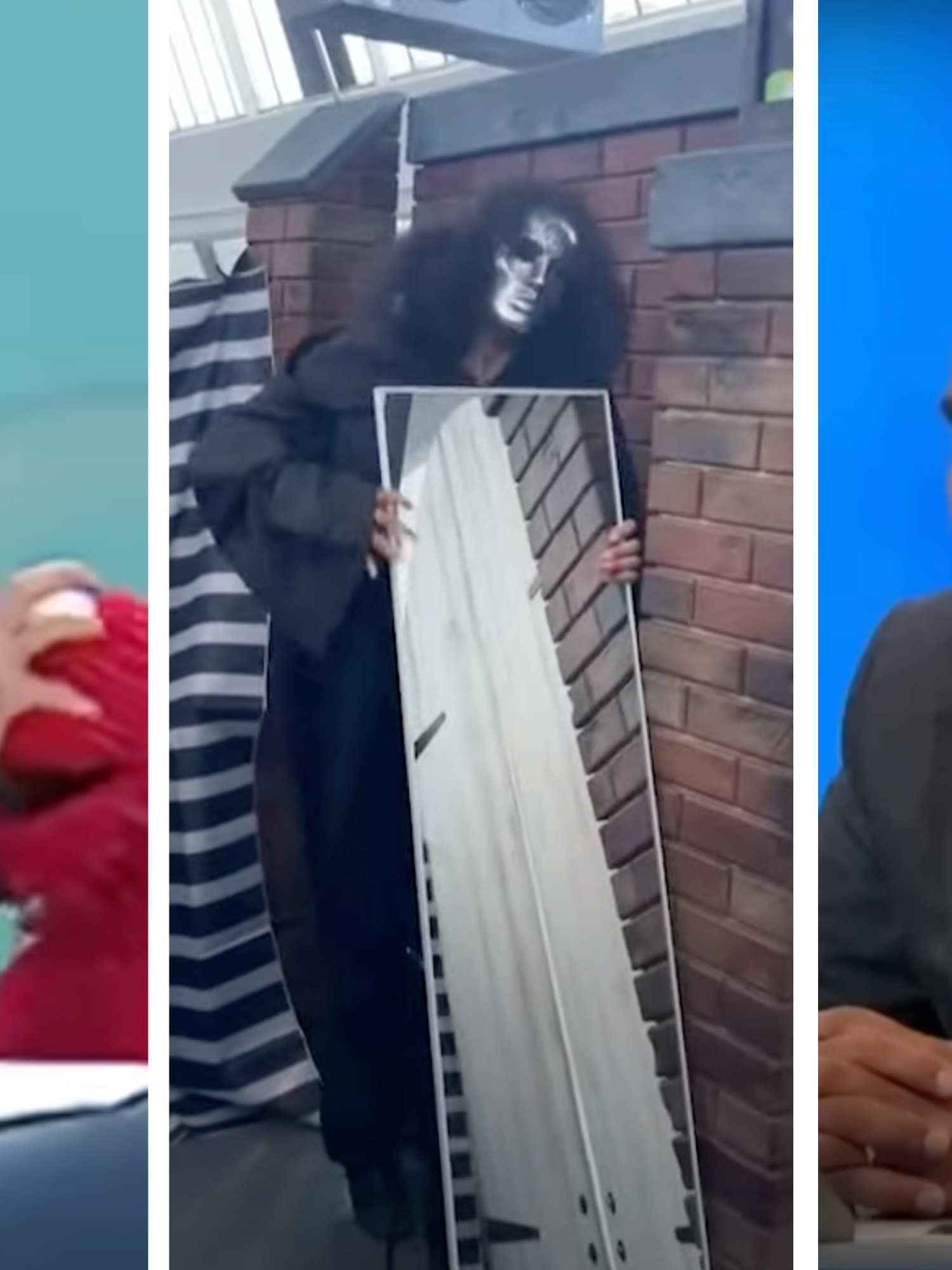 From left: Larry David attacking Elmo, 'The Unknown' from the Willy Wonka Experience holding up a mirror, and Amol Rajan presenting University Challenge.