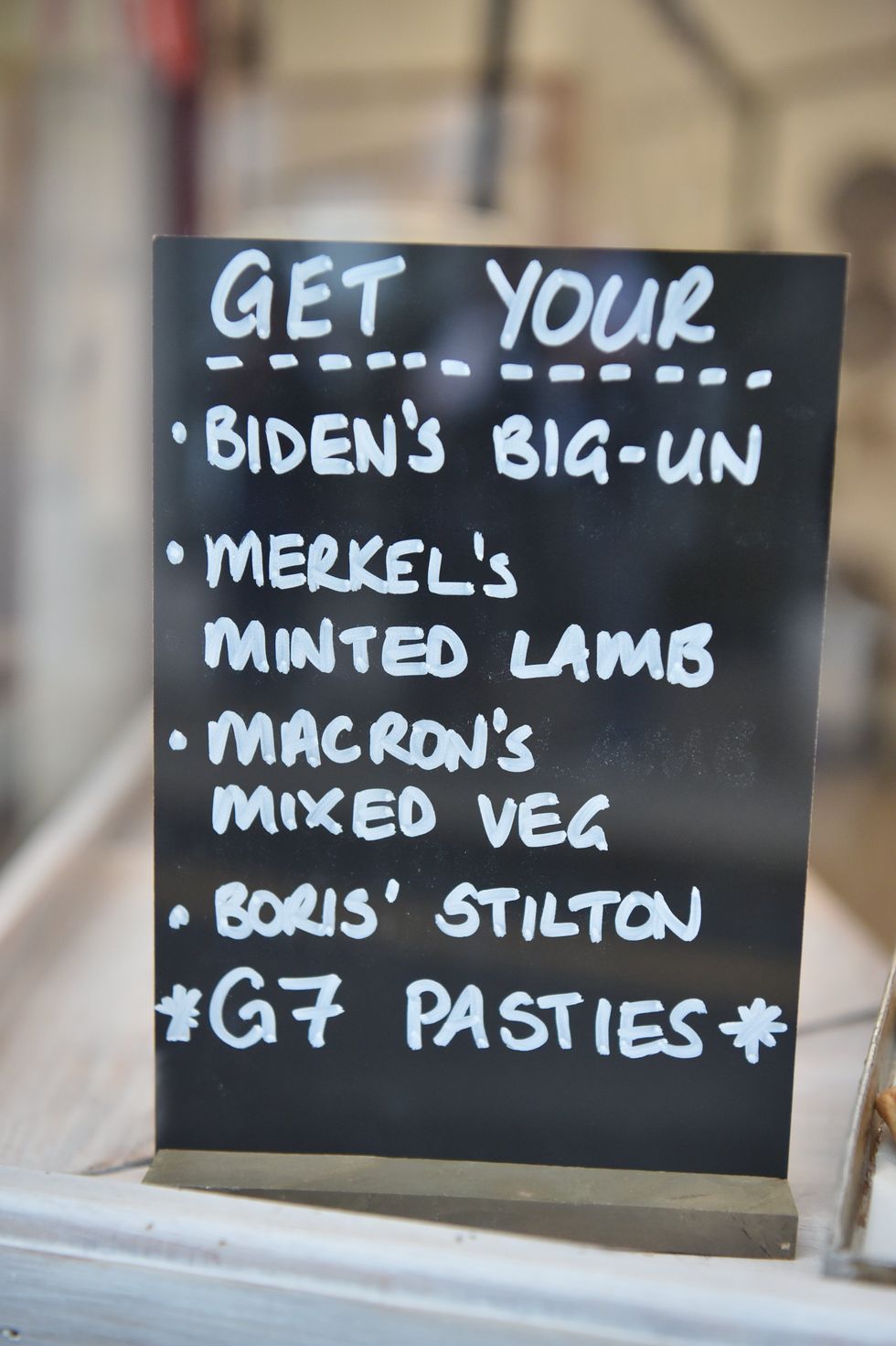 G7 Pasty Menu in the window of Pengenna Pasties in St Ives during the G7 summit in Cornwall