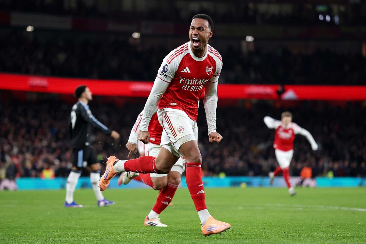 Gabriel of Arsenal celebrates scoring his team's first goal during the Premier League match between Arsenal and Aston Villa at Emirates Stadium on December 30, 2025 in London, England