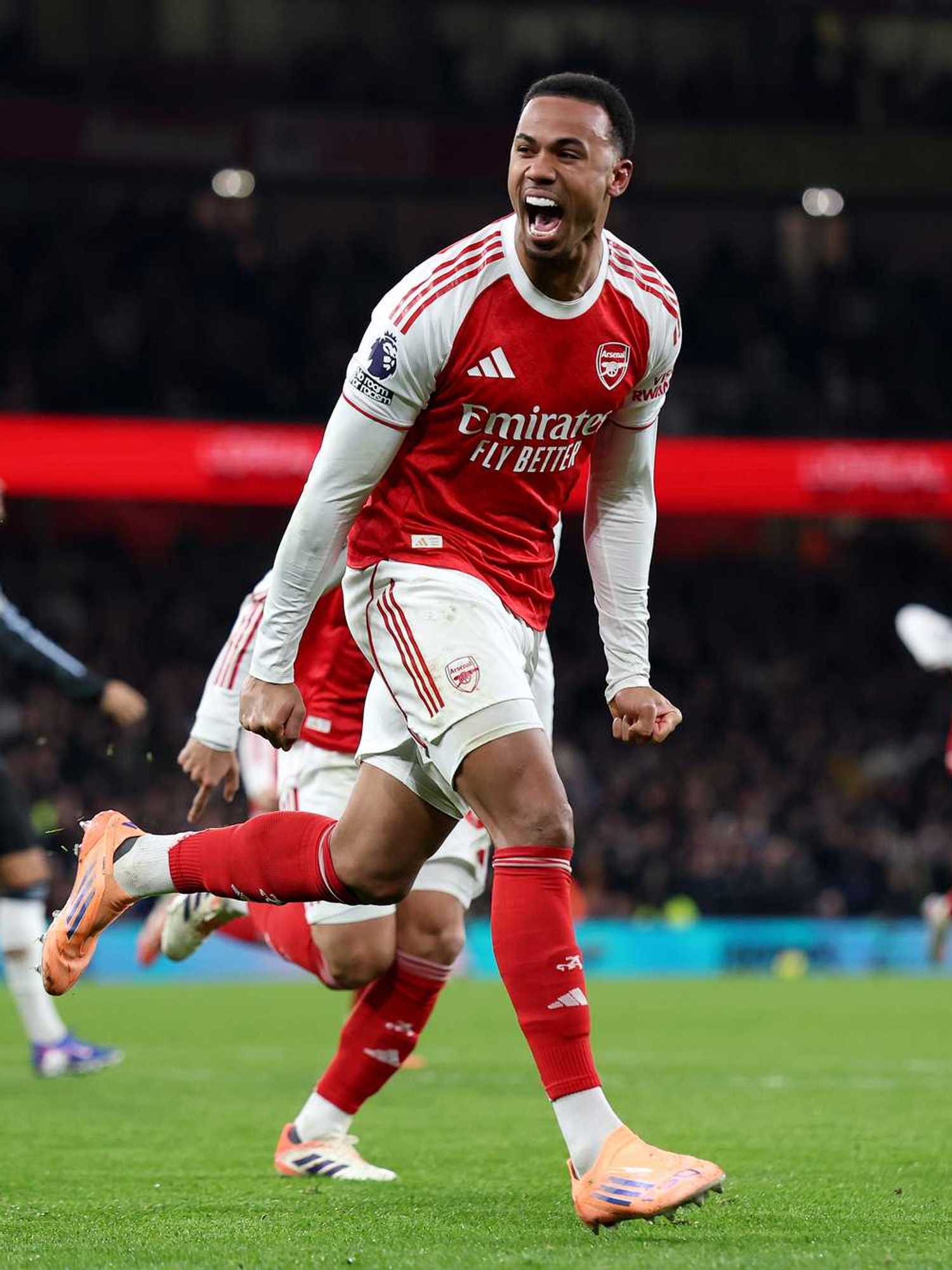 Gabriel of Arsenal celebrates scoring his team's first goal during the Premier League match between Arsenal and Aston Villa at Emirates Stadium on December 30, 2025 in London, England