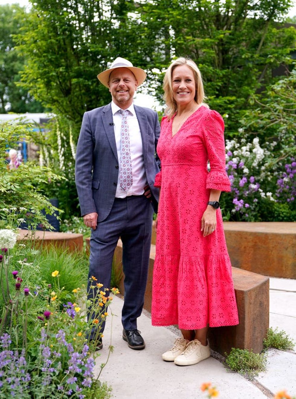 Garden designer Joe Swift with Sophie Raworth at the BBC Studios Our Green Planet & RHS Bee Garden during the RHS Chelsea Flower Show press day at the Royal Hospital Chelsea, London