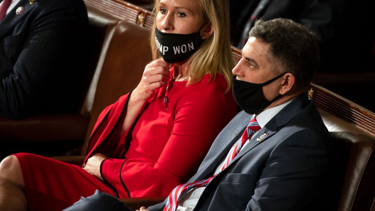 Georgia Republican Congresswoman Marjorie Taylor Greene on the House floor wearing a mask that isn’t covering her nose.