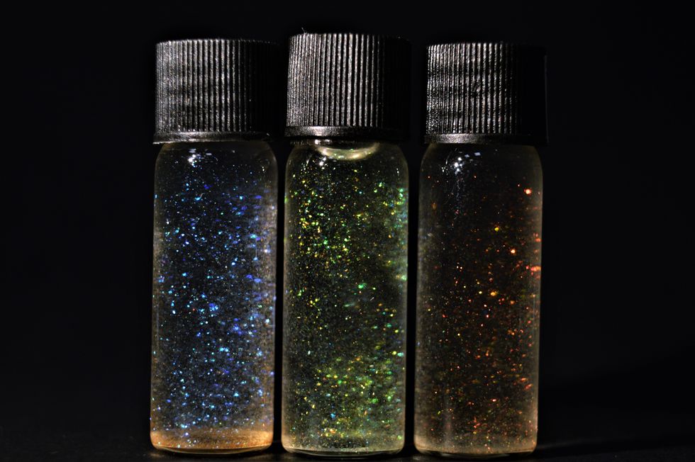 Glitter in vials prepared from peeled large scale films (Benjamin Droguet/University of Cambridge)