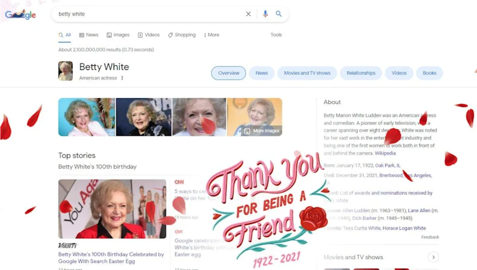 Google Easter egg in honor of what would have been Betty White\u2019s 100th birthday