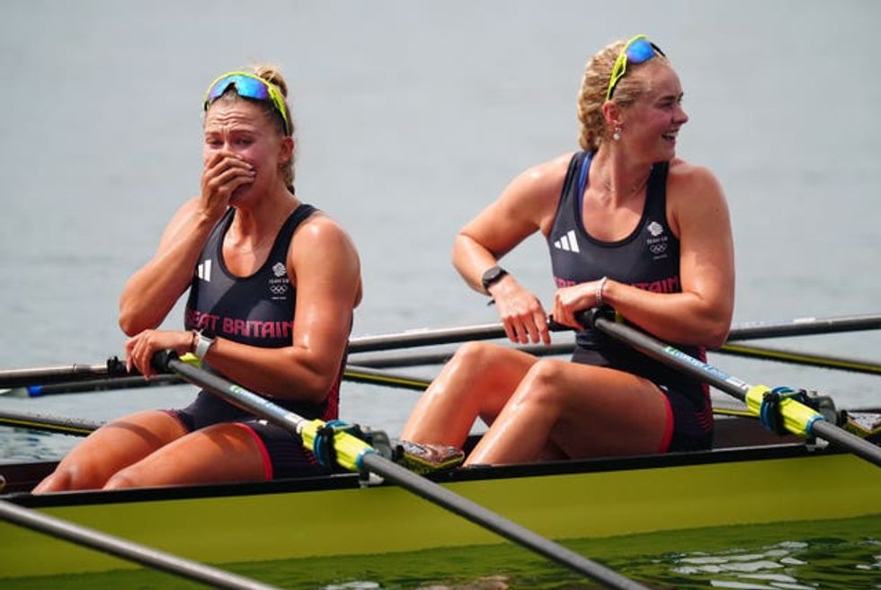 Great Britain's Lola Anderson (left) and Hannah Scott celebrate following the Women\u2019s Quadruple Sculls Final at the Vaires-sur-Marne Nautical Stadium on the fifth day of the 2024 Paris Olympic Games in France.