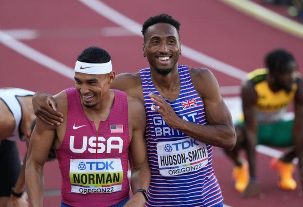 Great Britain\u2019s Matthew Hudson-Smith (right) and USA's Michael Norman during the Men's 400m Semi-Final on day six of the World Athletics Championships at Hayward Field, University of Oregon in the United States of America. Picture date: Wednesday July 20, 2022