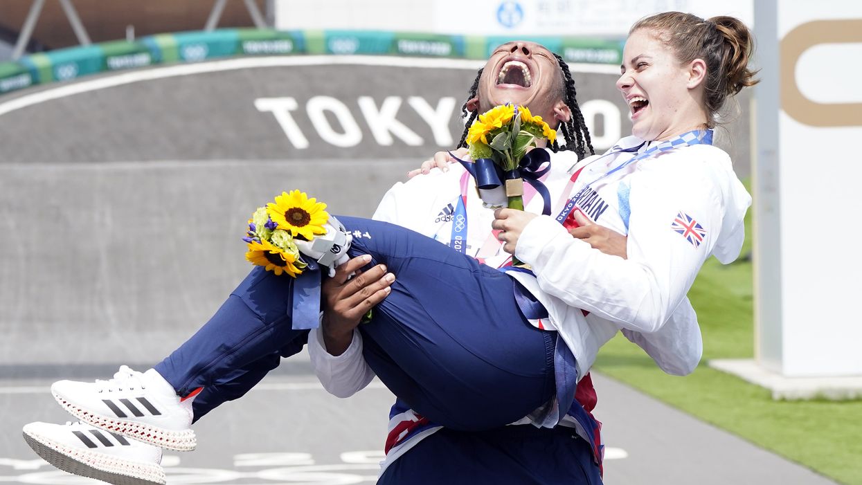 Great Britain’s Beth Shriever and Kye Whyte celebrate their gold and silver BMX medals (Danny Lawson/PA)