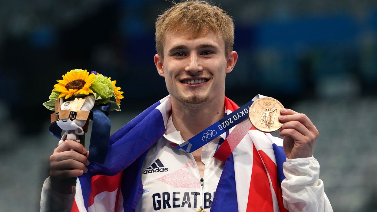 Great Britain’s Jack Laugher celebrates on the podium (Martin Rickett/PA)