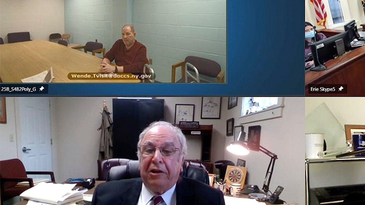 Harvey Weinstein appears via video from prison along with his attorney, Norman Effman, on Monday, April 12, 2021, in Buffalo, N.Y.