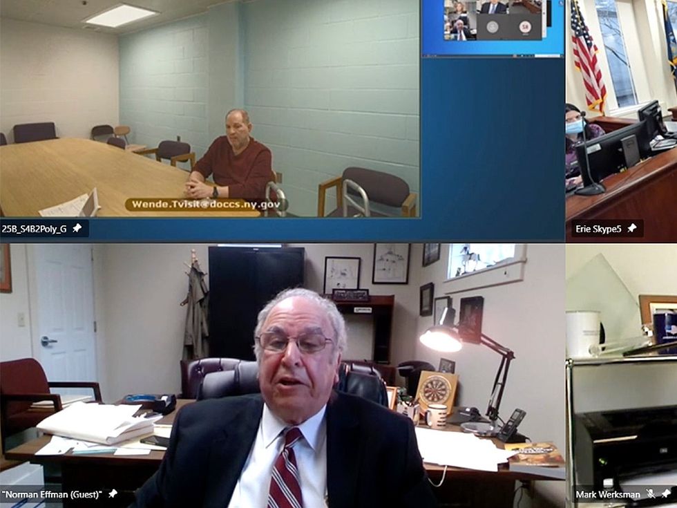 Harvey Weinstein appears via video from prison along with his attorney, Norman Effman, on Monday, April 12, 2021, in Buffalo, N.Y.