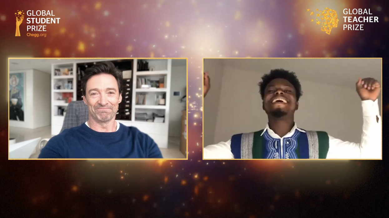 Hugh Jackman announces Jeremiah Thoronka as the winner of the Chegg.org Global Student Prize (The Varkey Foundation/PA)