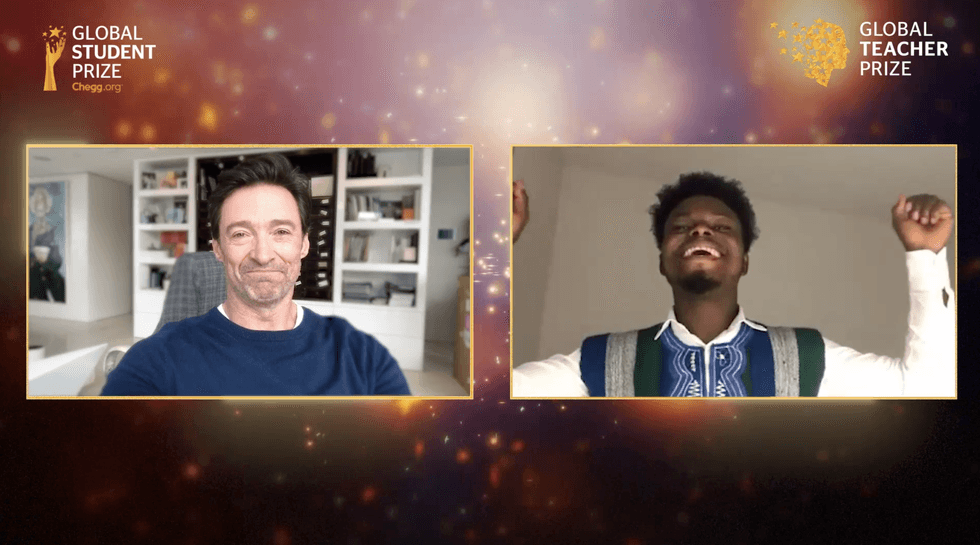 Hugh Jackman announces Jeremiah Thoronka as the winner of the Chegg.org Global Student Prize (The Varkey Foundation/PA)