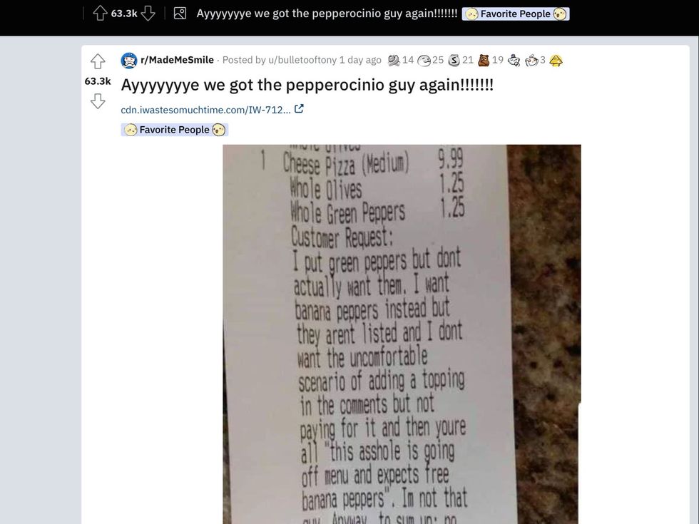 Hundreds of comments flocked to the Reddit post in favour of the \u2018pepperocinio guy'