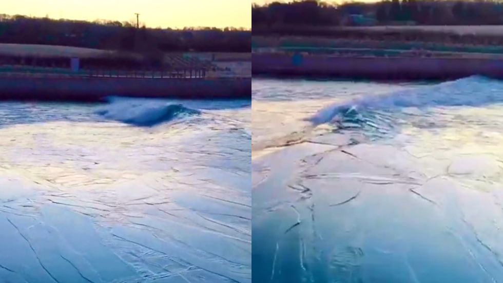 Video: Wave pool breaks the ice after lake freezes overnight