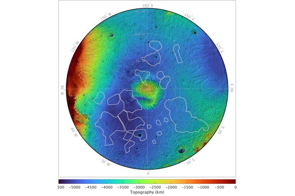 Image showing the gravitational structures in Mars\u2019 northern polar region on a topographical map