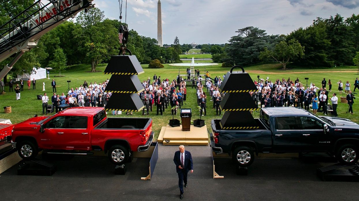 Trump's latest White House speech featured trucks carrying weights and was totally beyond parody