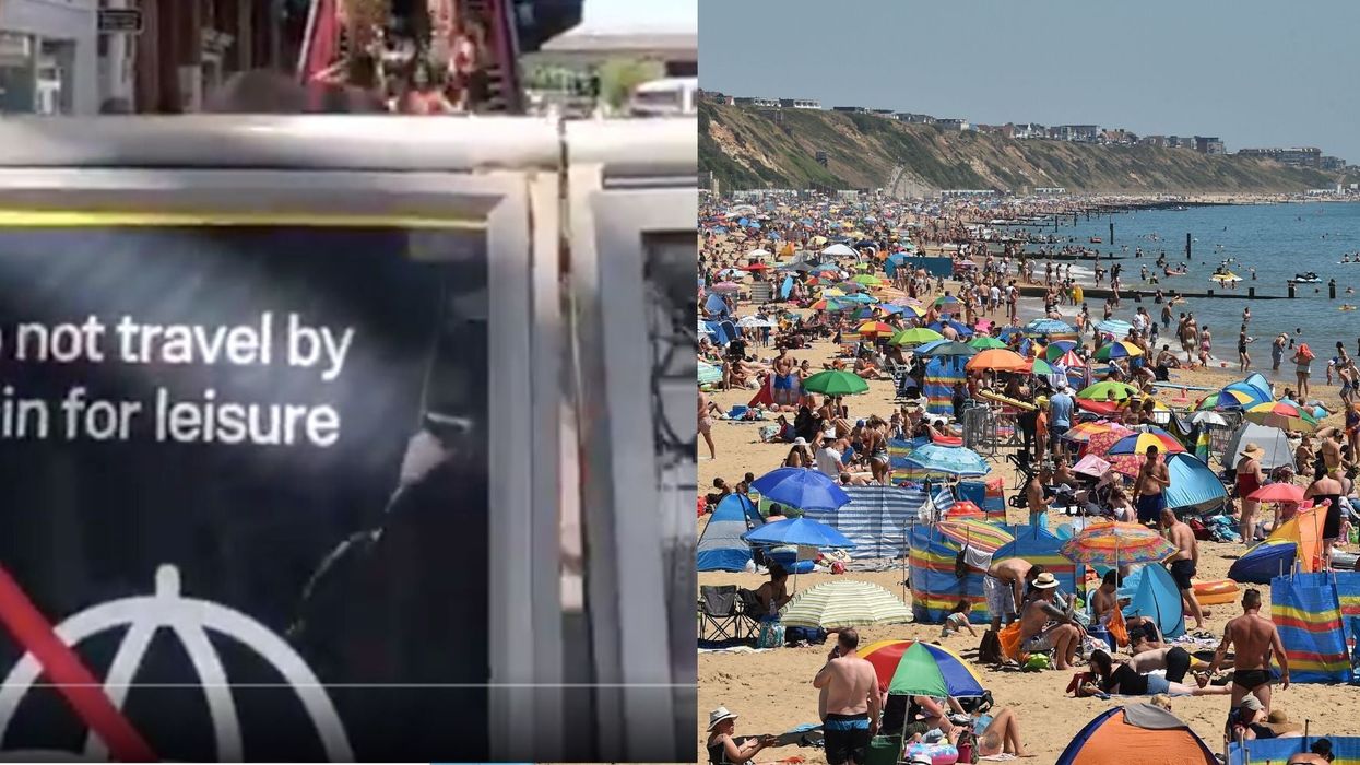 Huge crowd of beachgoers cram past 'do not travel for leisure' sign at Bournemouth train station