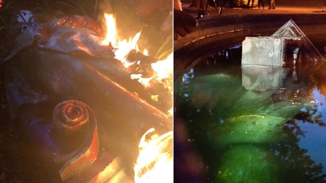 A statue of Christopher Columbus has been torn down, set on fire and thrown into a lake